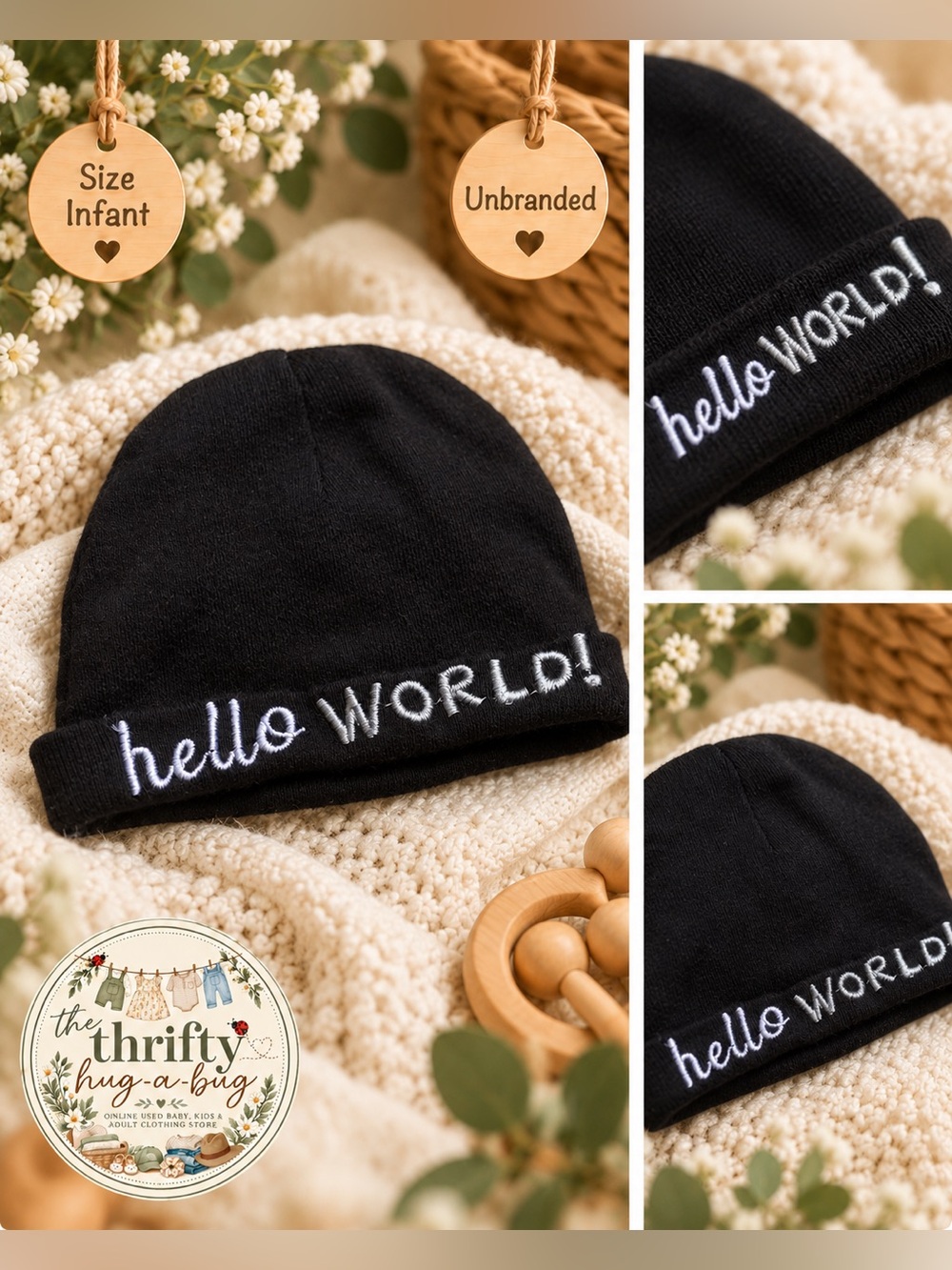 Infant Black “Hello World!” Embroidered Knit Beanie | Baby Hat
